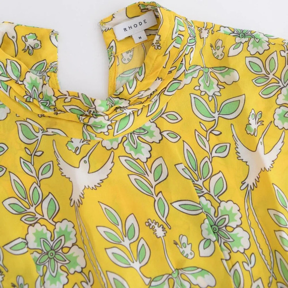 Rhode Resort Ella Printed Long-Sleeve Yellow Floral w Bird Motif Midi Dress M - Picture 11 of 12